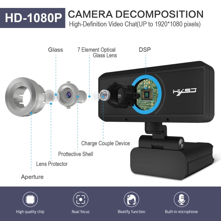 HXSJ S4 1080P Adjustable 180 Degree HD Manual Focus Video Webcam PC Camera with Microphone(Black) - HD Camera by HXSJ | Online Shopping UK | buy2fix