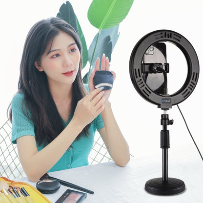 PULUZ 7.9 inch 20cm Mirror Light + Round Base Desktop Mount 3 Modes Dimmable Dual Color Temperature LED Curved Light Ring Vlogging Selfie Photography Video Lights with Phone Clamp(Black) - Consumer Electronics by PULUZ | Online Shopping UK | buy2fix