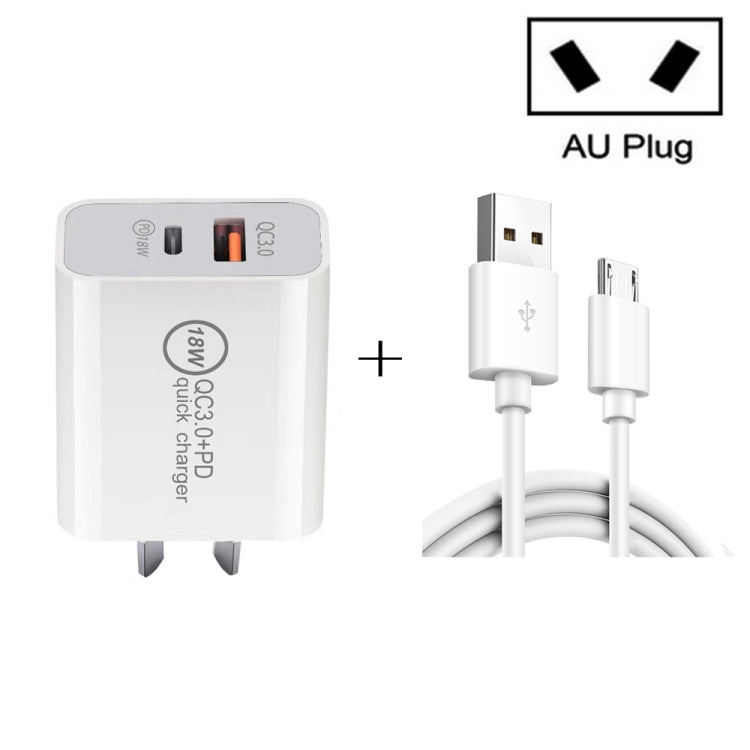 SDC-18W 18W PD + QC 3.0 USB Dual Fast Charging Universal Travel Charger with USB to Micro USB Fast Charging Data Cable, AU Plug - Mobile Accessories by buy2fix | Online Shopping UK | buy2fix