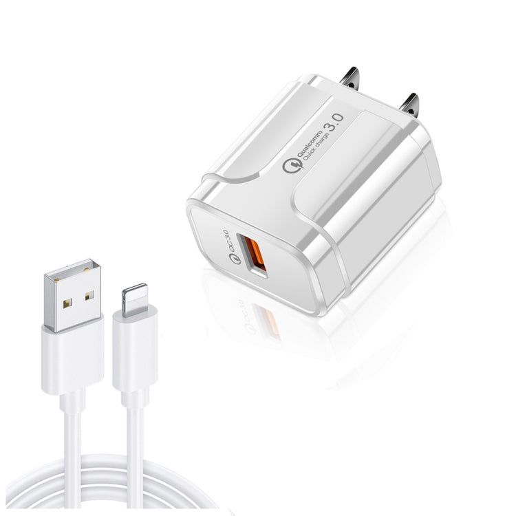 LZ-023 18W QC 3.0 USB Portable Travel Charger + 3A USB to 8 Pin Data Cable, US Plug(White) - USB Charger by buy2fix | Online Shopping UK | buy2fix