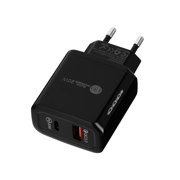 TE-PD01 PD 20W + QC3.0 USB Dual Ports Quick Charger with Indicator Light, EU Plug(Black) - Apple Accessories by buy2fix | Online Shopping UK | buy2fix