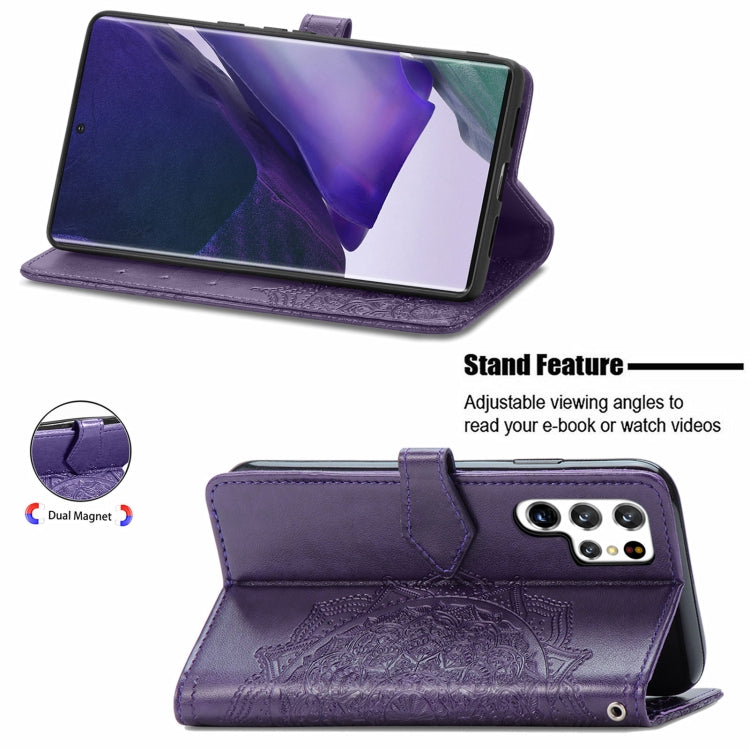 For Samsung Galaxy S22 Ultra 5G Mandala Flower Embossed Horizontal Flip Leather Case with Holder & Card Slots & Wallet & Lanyard(Purple) - Samsung Accessories by buy2fix | Online Shopping UK | buy2fix