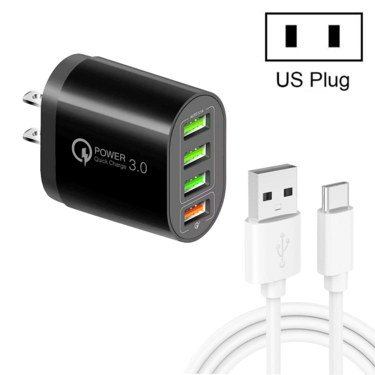 QC-04 QC3.0 + 3 x USB2.0 Multi-ports Charger with 3A USB to Type-C Data Cable, US Plug(Black) - Mobile Accessories by buy2fix | Online Shopping UK | buy2fix