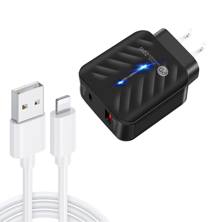 PD03 20W PD3.0 + QC3.0 USB Charger with USB to 8 Pin Data Cable, US Plug(Black) - Apple Accessories by buy2fix | Online Shopping UK | buy2fix