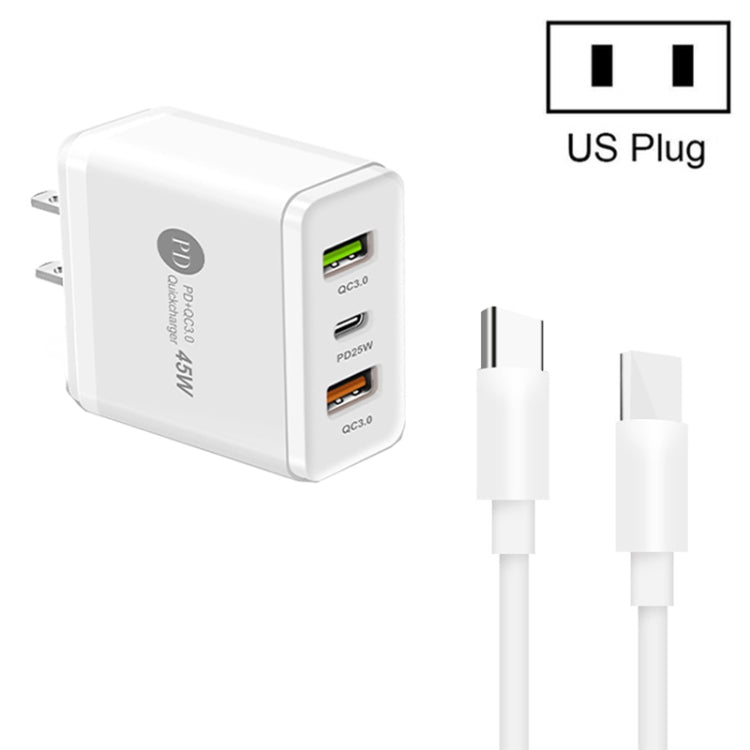 45W PD3.0 + 2 x QC3.0 USB Multi Port Charger with Type-C to Type-C Cable, US Plug(White) - Mobile Accessories by buy2fix | Online Shopping UK | buy2fix