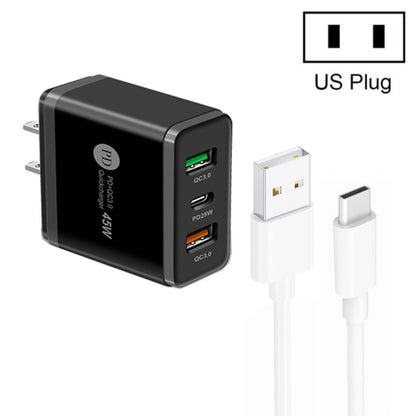 45W PD25W + 2 x QC3.0 USB Multi Port Charger with USB to Type-C Cable, US Plug(Black) - Mobile Accessories by buy2fix | Online Shopping UK | buy2fix