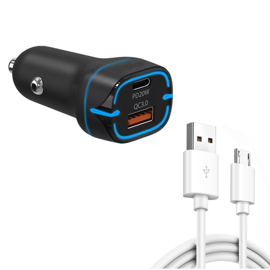 38W PD20W + QC3.0 USB Car Charger with USB to Micro USB Data Cable, Length: 1m(Black) - In Car by buy2fix | Online Shopping UK | buy2fix