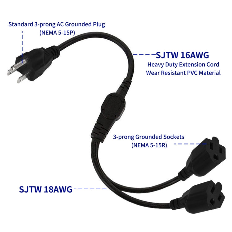 JUNSUNMAY US 1.6FT NEMA 5-15P 1 to 2 Way Outlet NEMA 5-15R SJT 16AWG 3 Prong Power Cable Wire Extender - Power Cord by JUNSUNMAY | Online Shopping UK | buy2fix