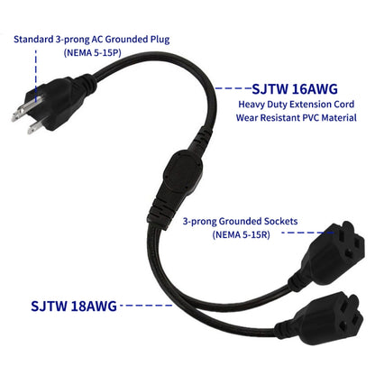 JUNSUNMAY US 1.6FT NEMA 5-15P 1 to 2 Way Outlet NEMA 5-15R SJT 16AWG 3 Prong Power Cable Wire Extender - Power Cord by JUNSUNMAY | Online Shopping UK | buy2fix