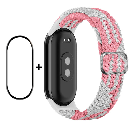 For Xiaomi Mi Band 8 ENKAY Hat-Prince 2 in 1 Set Full Coverage Screen Protector + Elastic Braided Nylon Watch Band(Pink White) - Watch Bands by ENKAY | Online Shopping UK | buy2fix