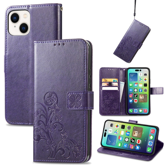 For iPhone 15 Four-leaf Clasp Embossed Buckle Leather Phone Case(Purple) - iPhone 15 Cases by buy2fix | Online Shopping UK | buy2fix