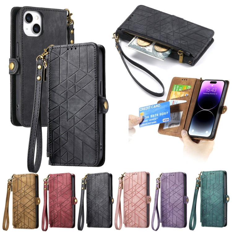 For iPhone 15 Plus Geometric Zipper Wallet Side Buckle Leather Phone Case(Purple) - iPhone 15 Plus Cases by buy2fix | Online Shopping UK | buy2fix