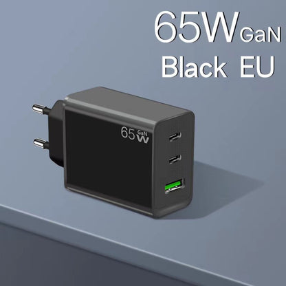 GaN PD65W Type-C x 2 + USB3.0 Charger with Type-C to Type-C Data Cable ,EU Plug(Black) - USB Charger by buy2fix | Online Shopping UK | buy2fix