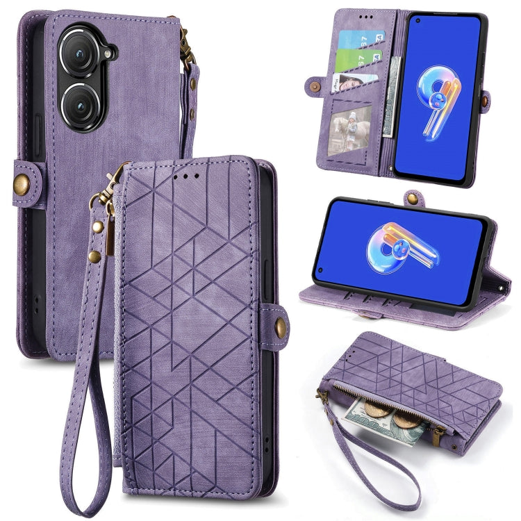 For ASUS Zenfone 9 Geometric Zipper Wallet Side Buckle Leather Phone Case(Purple) - ASUS Cases by buy2fix | Online Shopping UK | buy2fix