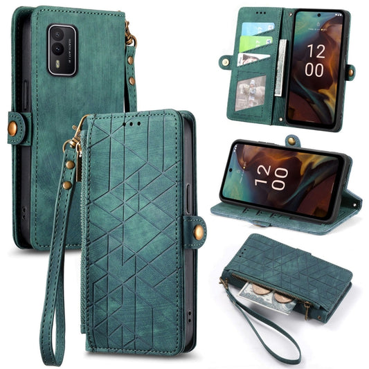 For Nokia XR21 Geometric Zipper Wallet Side Buckle Leather Phone Case(Green) - Nokia Cases by buy2fix | Online Shopping UK | buy2fix