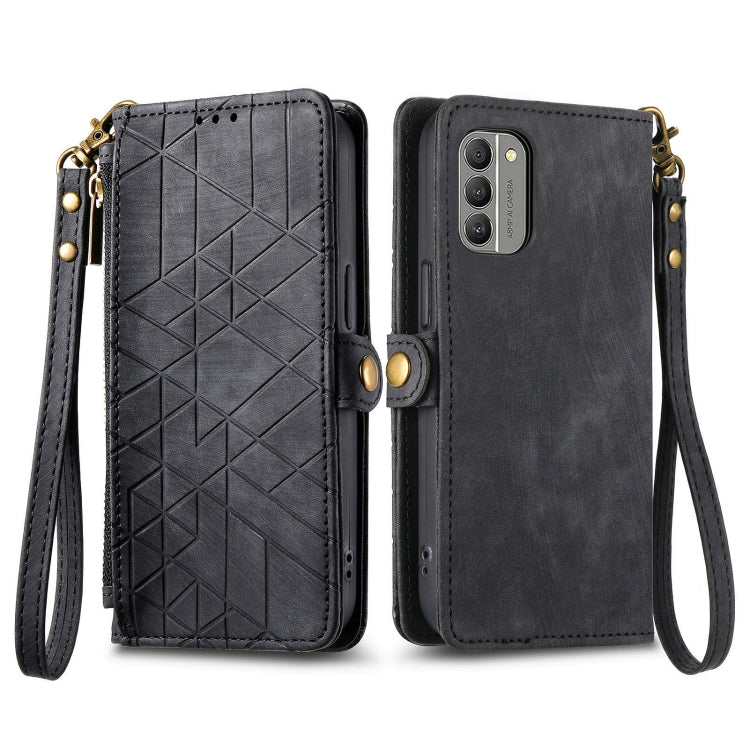 For Nokia C21 Plus Geometric Zipper Wallet Side Buckle Leather Phone Case(Black) - Nokia Cases by buy2fix | Online Shopping UK | buy2fix