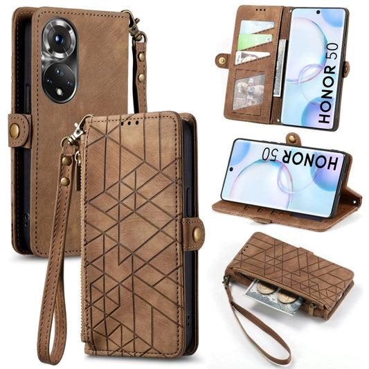 For Honor 50 Geometric Zipper Wallet Side Buckle Leather Phone Case(Brown) - Honor Cases by buy2fix | Online Shopping UK | buy2fix