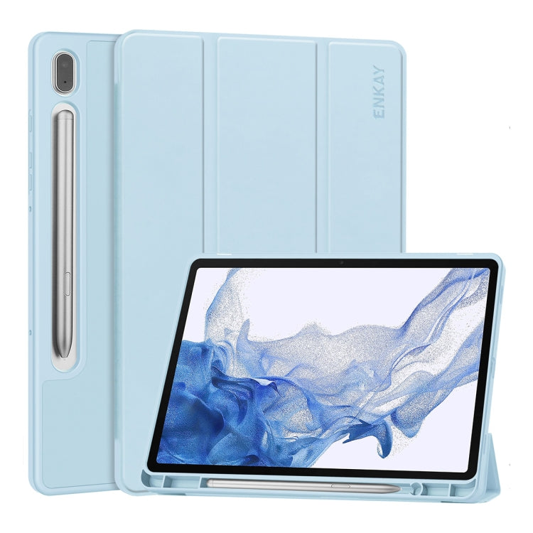 For Samsung Galaxy Tab S9 ENKAY Tri-fold Custer Leather TPU Bottom Smart Case with Pen Slot(Light Blue) - Galaxy Tab S9 Cases by ENKAY | Online Shopping UK | buy2fix