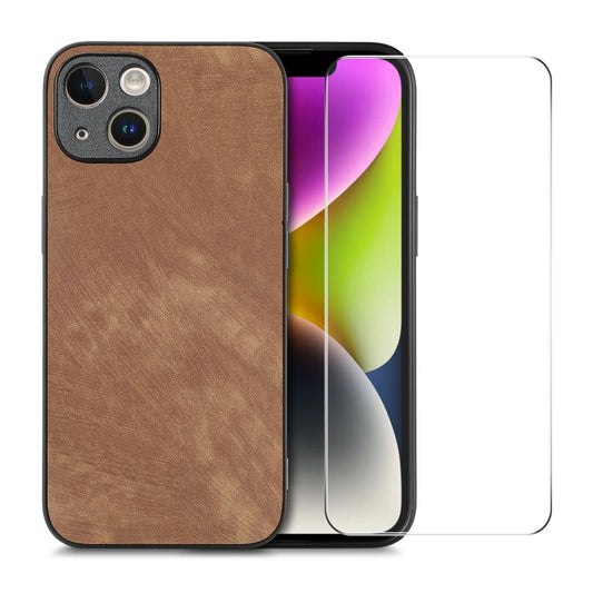 For iPhone 14 ENKAY Retro Leather Skin PC Phone Case with High Aluminum-silicon Glass Film(Brown) - iPhone 14 Cases by ENKAY | Online Shopping UK | buy2fix