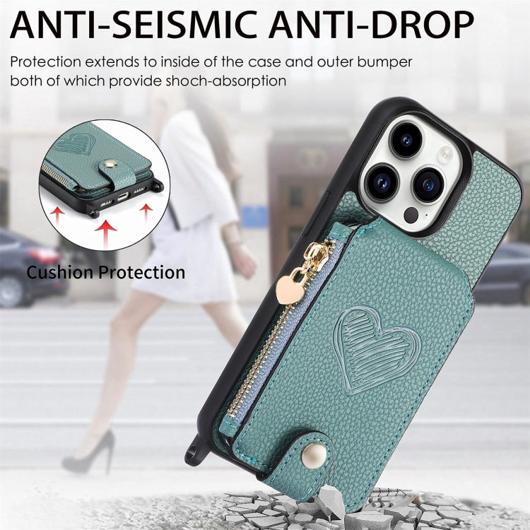 For iPhone 15 Pro Max Crossbody Love Zipper Leather Back Phone Case(Green) - iPhone 15 Pro Max Cases by buy2fix | Online Shopping UK | buy2fix