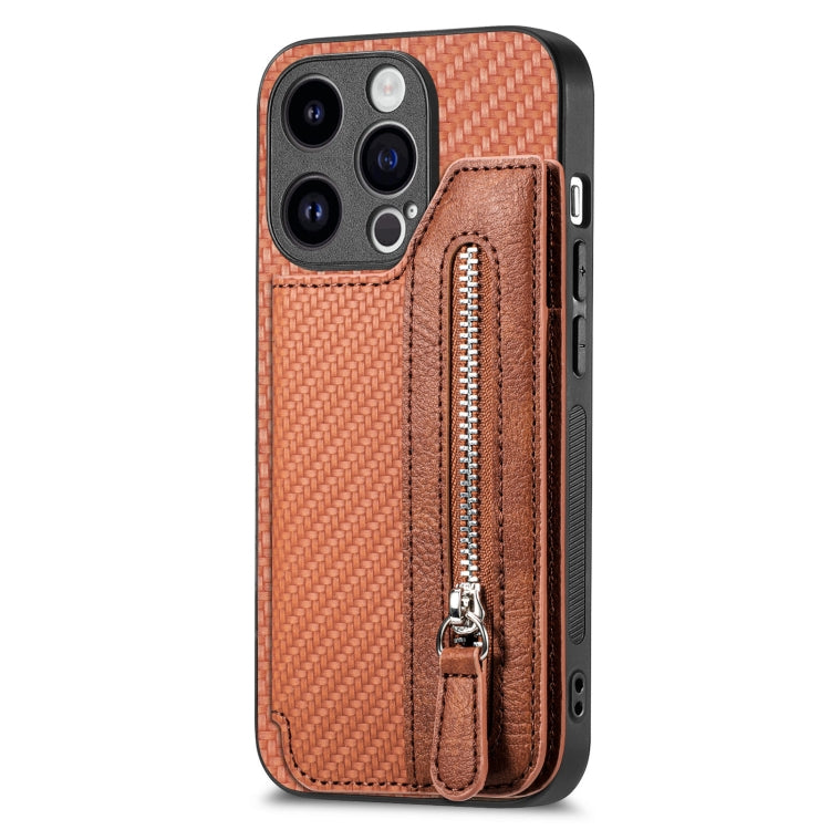 For iPhone 15 Pro Max Carbon Fiber Horizontal Flip Zipper Wallet Phone Case(Brown) - iPhone 15 Pro Max Cases by buy2fix | Online Shopping UK | buy2fix