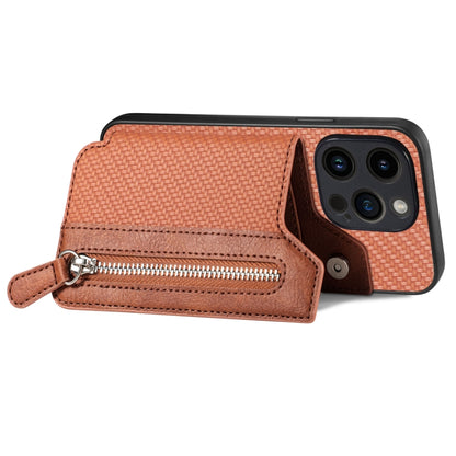 For iPhone 15 Pro Max Carbon Fiber Horizontal Flip Zipper Wallet Phone Case(Brown) - iPhone 15 Pro Max Cases by buy2fix | Online Shopping UK | buy2fix