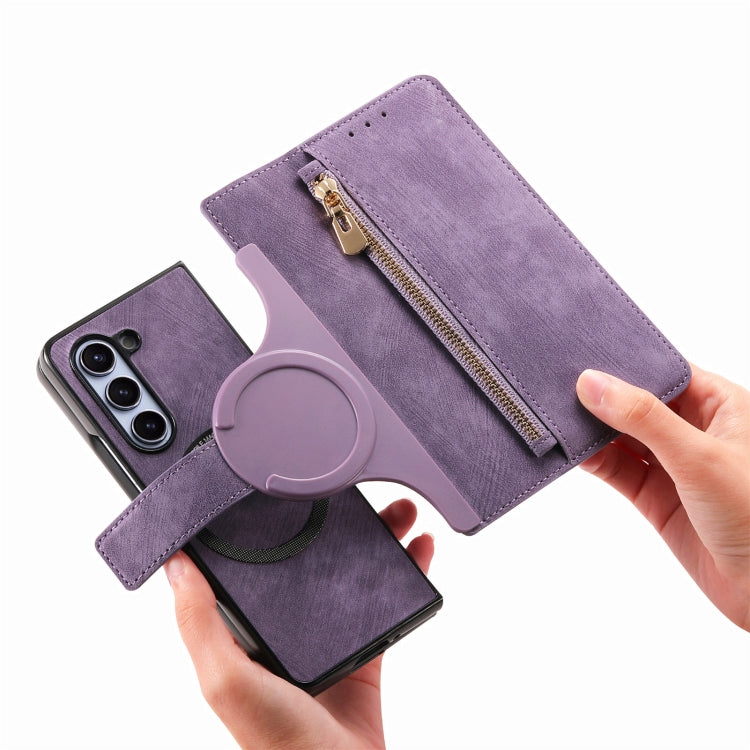 For Samsung Galaxy Z Fold5 5G Retro MagSafe Magnetic Zipper Wallet Leather Phone Case(Purple) - Galaxy Z Fold5 Cases by buy2fix | Online Shopping UK | buy2fix