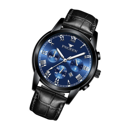 FNGEEN 4006 Men Trendy Waterproof Quartz Watch(Black Leather Black Steel Blue Surface) - Alloy Watches by FNGEEN | Online Shopping UK | buy2fix