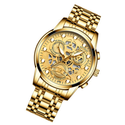 FNGEEN 4088 Men Hollow Quartz Watch Student Waterproof Luminous Watch(Full Gold Gold Surface) - Alloy Watches by FNGEEN | Online Shopping UK | buy2fix