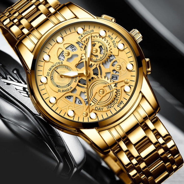 FNGEEN 4088 Men Hollow Quartz Watch Student Waterproof Luminous Watch(Full Gold Gold Surface) - Alloy Watches by FNGEEN | Online Shopping UK | buy2fix