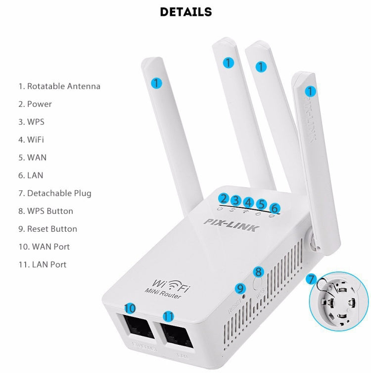 PIX-LINK LV-WR09 300Mbps WiFi Range Extender Repeater Mini Router(US Pulg) - Wireless Routers by buy2fix | Online Shopping UK | buy2fix