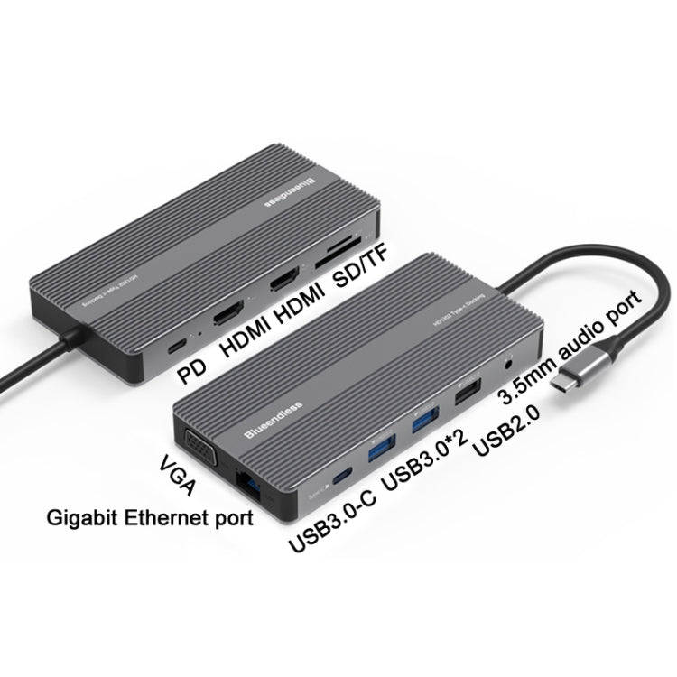 Blueendless Type-C+USB 3.0/2.0+VGA+3.5mm Audio Interface HUB(12 in 1) - USB HUB by Blueendless | Online Shopping UK | buy2fix