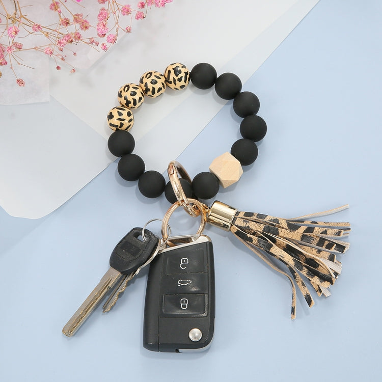 2 PCS Wooden Bead Frosted Bracelet Key Chain Pendant(Yellow Leopard Pattern) - In Car by null | Online Shopping UK | buy2fix