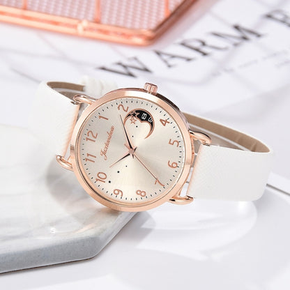 Ladies Moon Pattern Dial PU Strap Quartz Watch, Color: White+Bracelet - Leather Strap Watches by buy2fix | Online Shopping UK | buy2fix