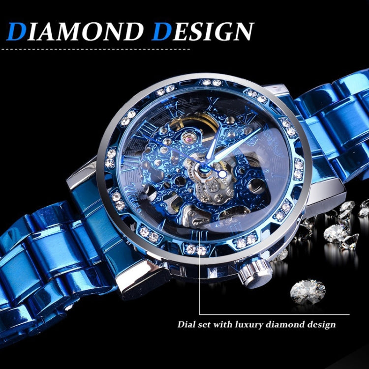 Winner Leisure Skeleton Diamond Luminous Pointer Watch Men Manual Mechanical Watch(Black Belt White Face Blue Word) - Metal Strap Watches by Winner | Online Shopping UK | buy2fix