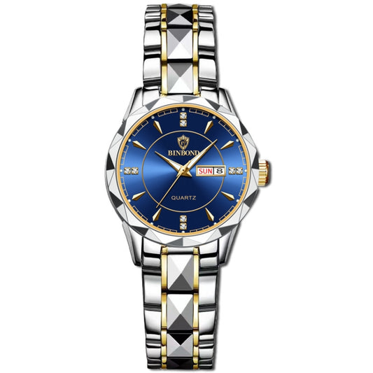 BINBOND B5552 Luminous Multifunctional Business Calendar Quartz Watch(Female-Inter-gold-Blue) - Metal Strap Watches by BINBOND | Online Shopping UK | buy2fix