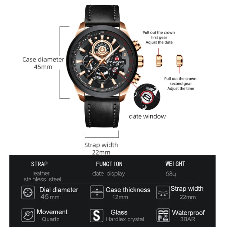 VAVA VOOM 2311G-YH Silver Shell Steel Belt Men Waterproof Sports Luminous Calendar Casual Quartz Hollow Watch - Sport Watches by VAVA VOOM | Online Shopping UK | buy2fix