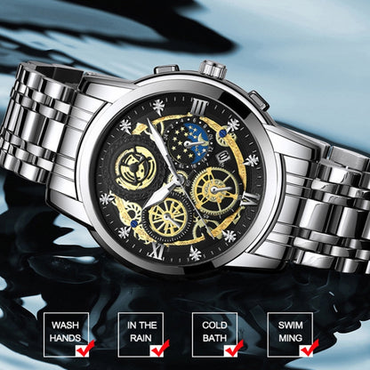 BINBOND 4010 Multifunctional Waterproof Hollowed Luminous Quartz Watch(White Steel Black Surface) - Metal Strap Watches by BINBOND | Online Shopping UK | buy2fix