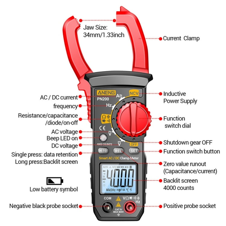 ANENG PN200 AC/DC Measurement High Precision Multifunctional Clamp Meter(Red) - Current & Voltage Tester by ANENG | Online Shopping UK | buy2fix