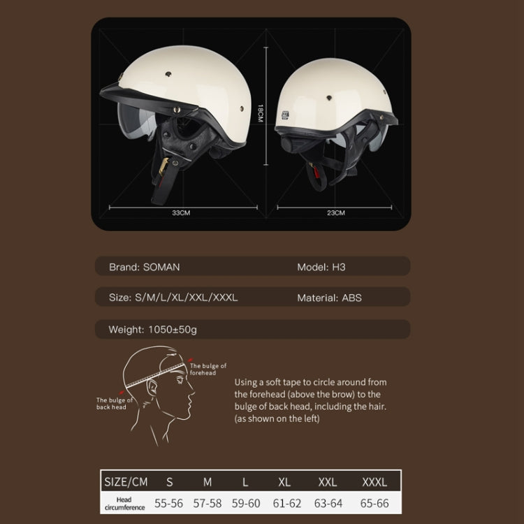 SOMAN Motorcycle Half Helmet Adjustable Helmet With Inner Mirror, Size: XXL(Matte Black with Transparent Mirror) - Helmets by SOMAN | Online Shopping UK | buy2fix