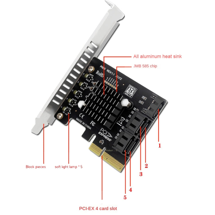 PCI-E To 5 SATA 3.0 Expansion Card(Full High Baffle) - Add-on Cards by buy2fix | Online Shopping UK | buy2fix