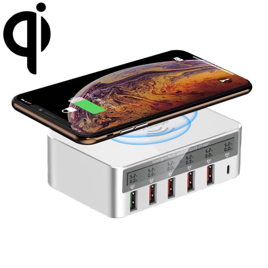 818PF 5 USB Ports + Type-C Smart Digital Display Wireless Phone Charger, Style: US Plug (White) - Multifunction Charger by buy2fix | Online Shopping UK | buy2fix