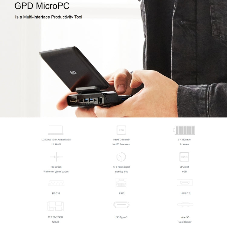 GPD MicroPC Mini Laptop, 6.0 inch, 8GB+256GB, Windows 10 Intel Celeron N4120 Quad Core, Support Dual Band WiFi & Bluetooth & TF Card, US Plug(Black) - Others by buy2fix | Online Shopping UK | buy2fix